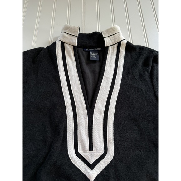 Boston Proper Womens Terry Cloth Tunic Top M Black White Trim V Neck Long Sleeve - Picture 2 of 8